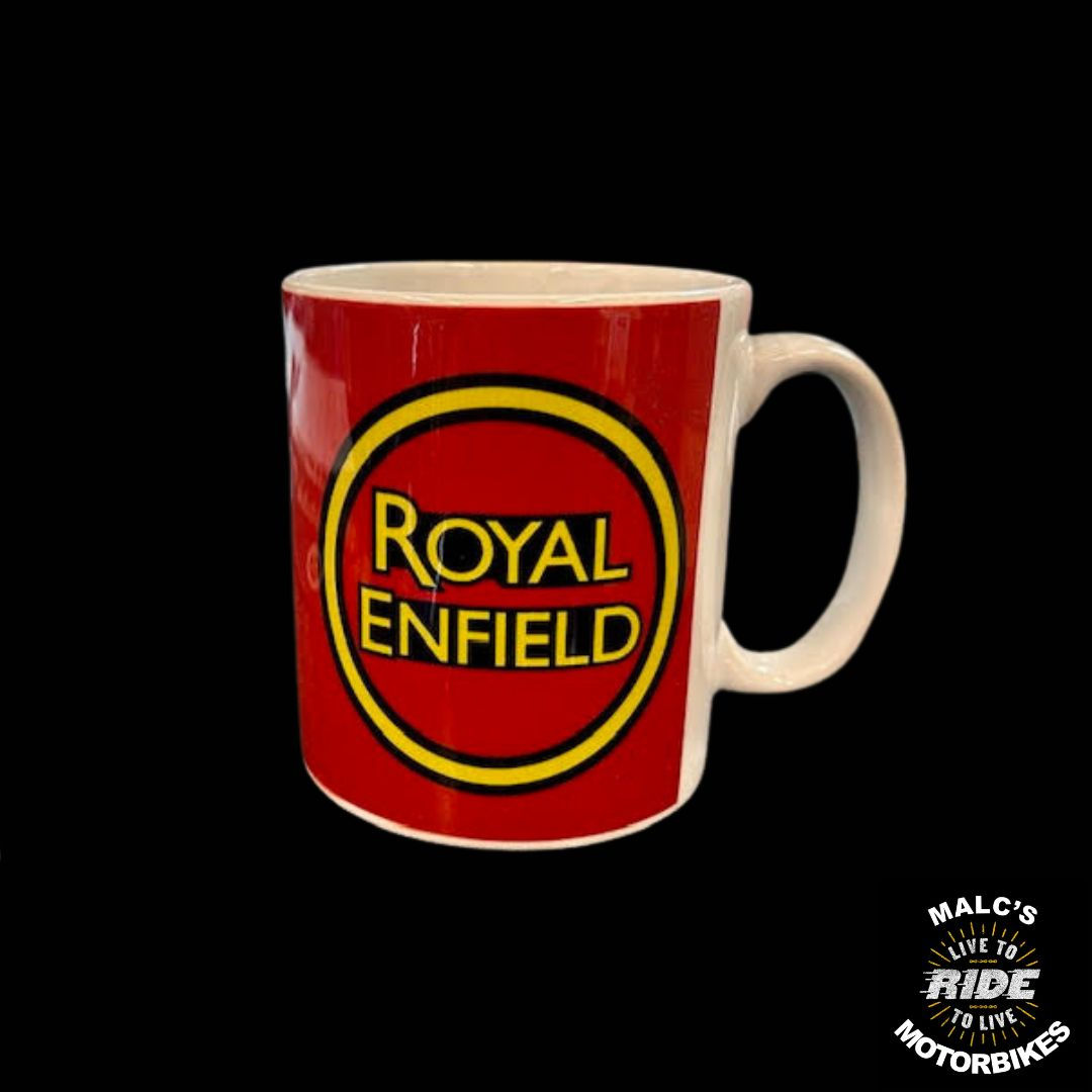 Royal Enfield mug with logo on red background, Malcsmotorbikespares, Life to Ride.