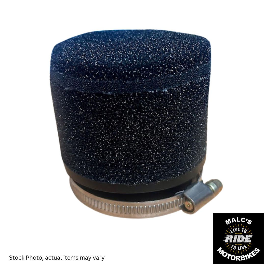 Black cylindrical air filter with metal clamp, Malc's Ride, Malcsmotorbikespares