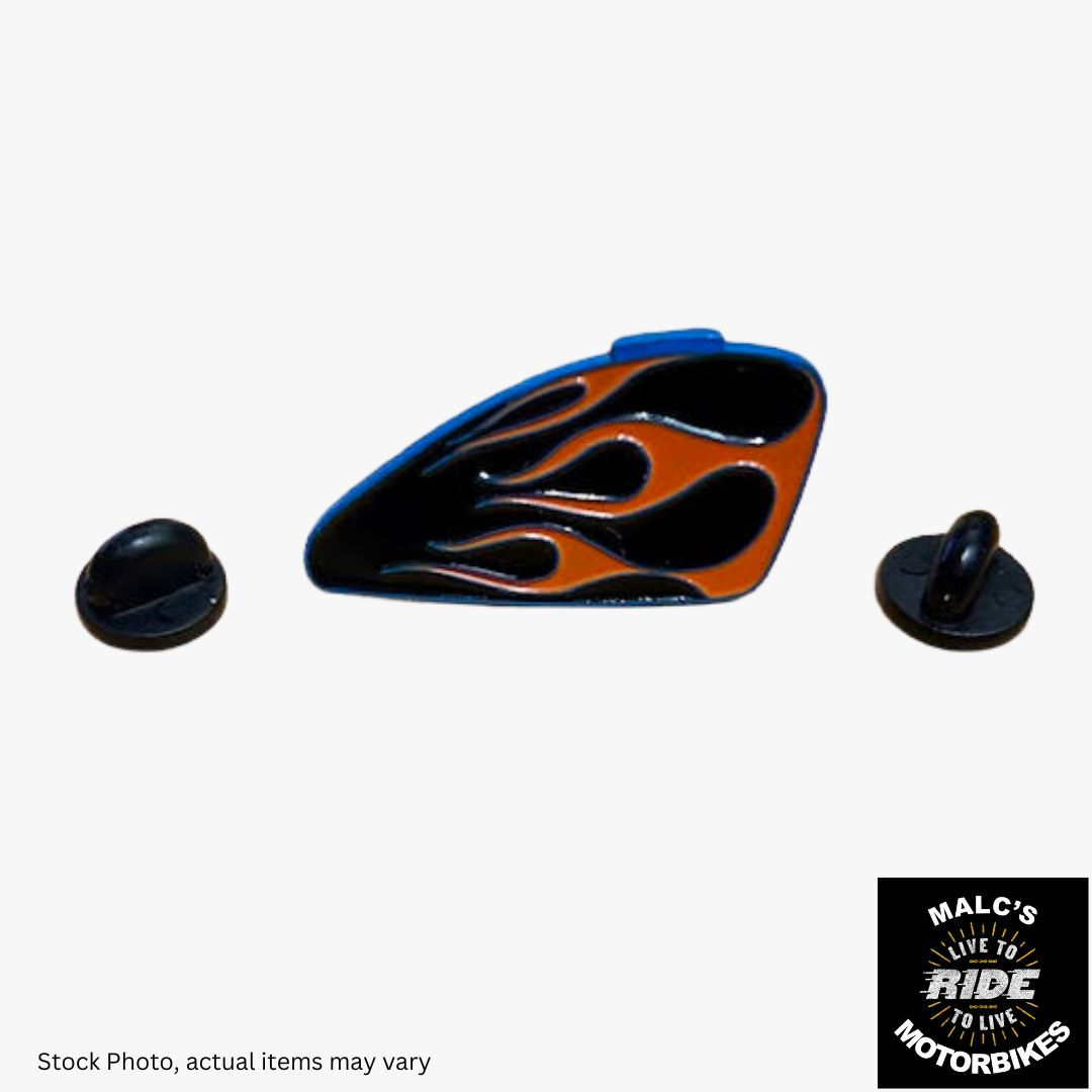Motorcycle gas tank pin with flame design, Malc's Ride Life With Malcsmotorbikespares.