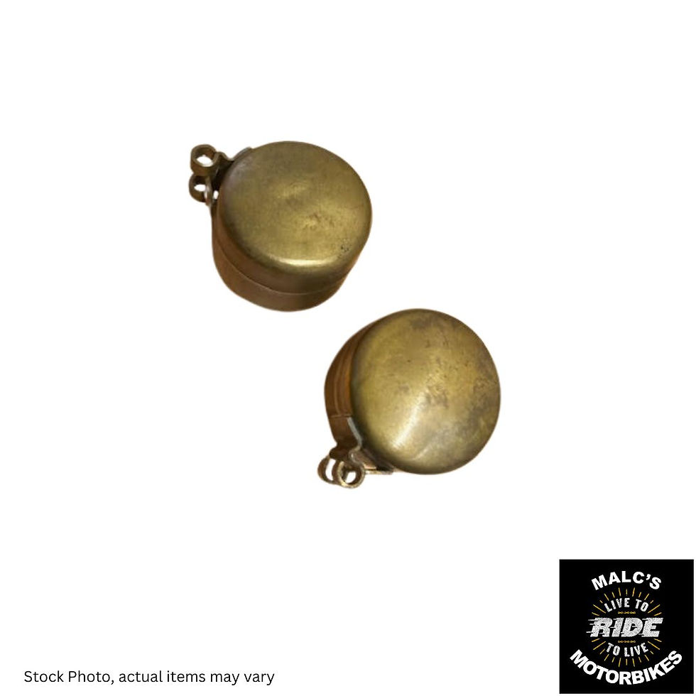 Two brass caps on white background with MALC'S RIDE WITH MOTORBIKESPARES