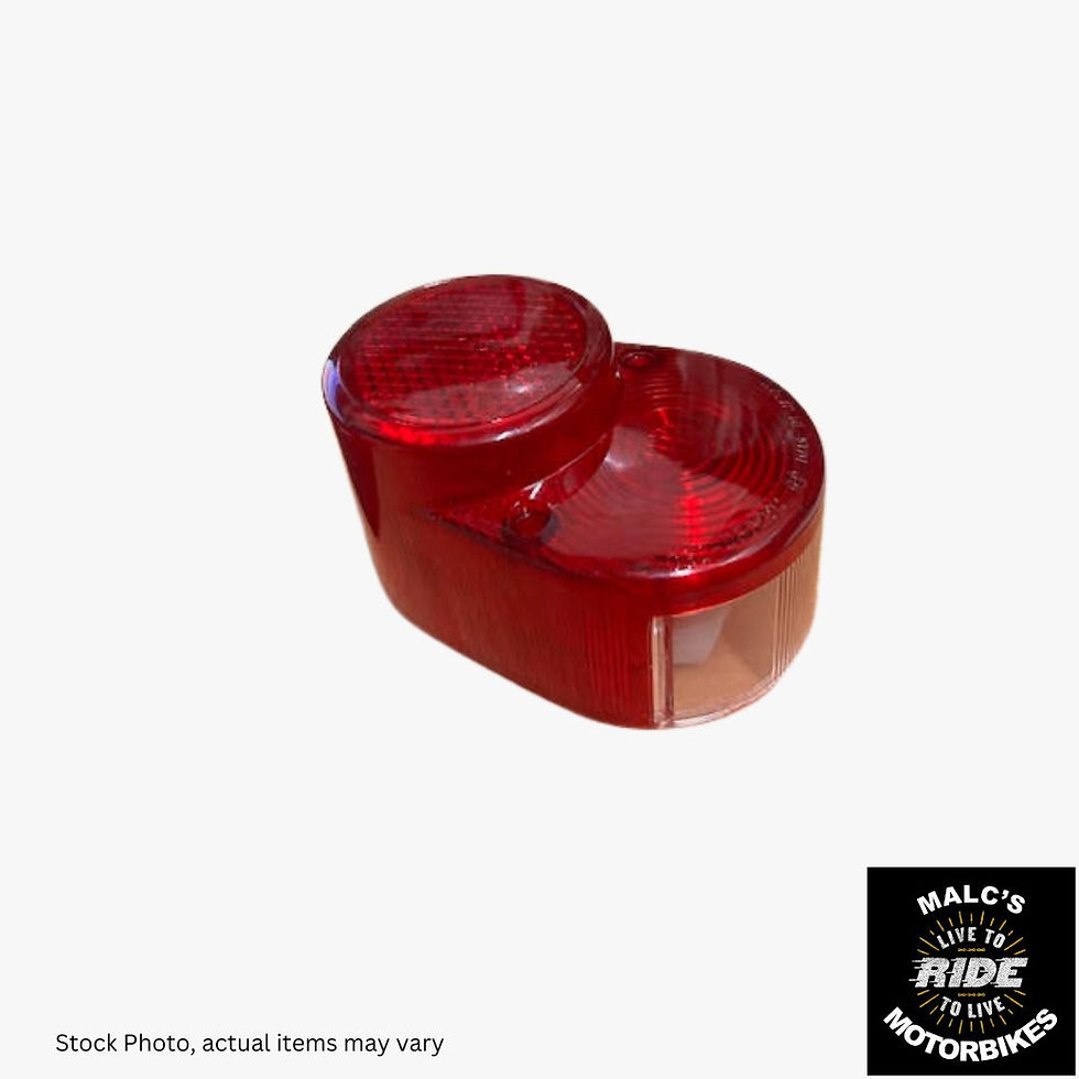 Red motorcycle tail light, clear lens, Malcsmotorbikespares, Honda gasket, replacement part.