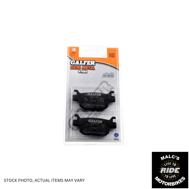 GALFER Motorcycle Brake Pads in package. STOCK PHOTO. ACTUAL ITEMS MAY VARY. Malcsmotorbikespares