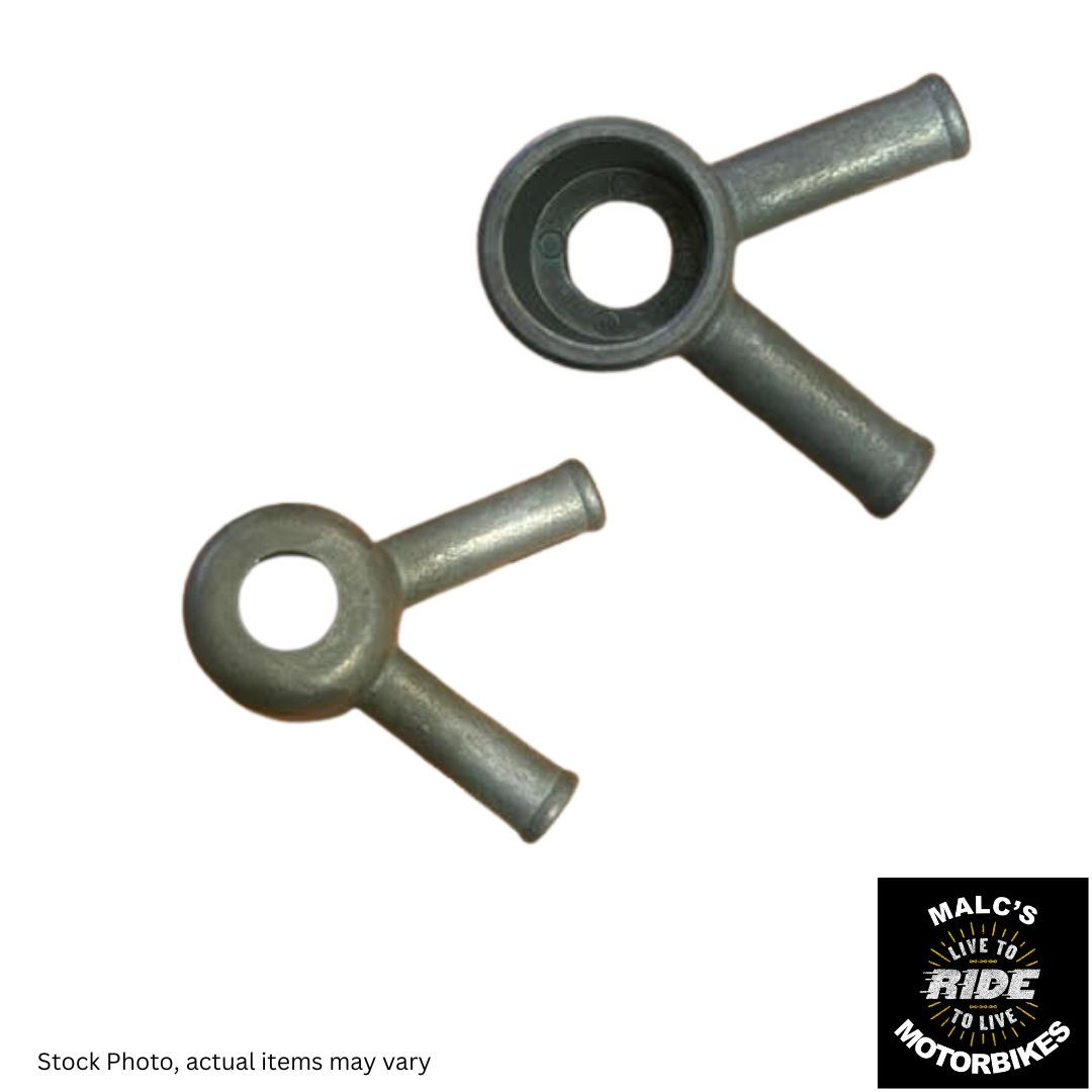 Two silver motorcycle parts, photo by Malcsmotorbikespares, with visible text.