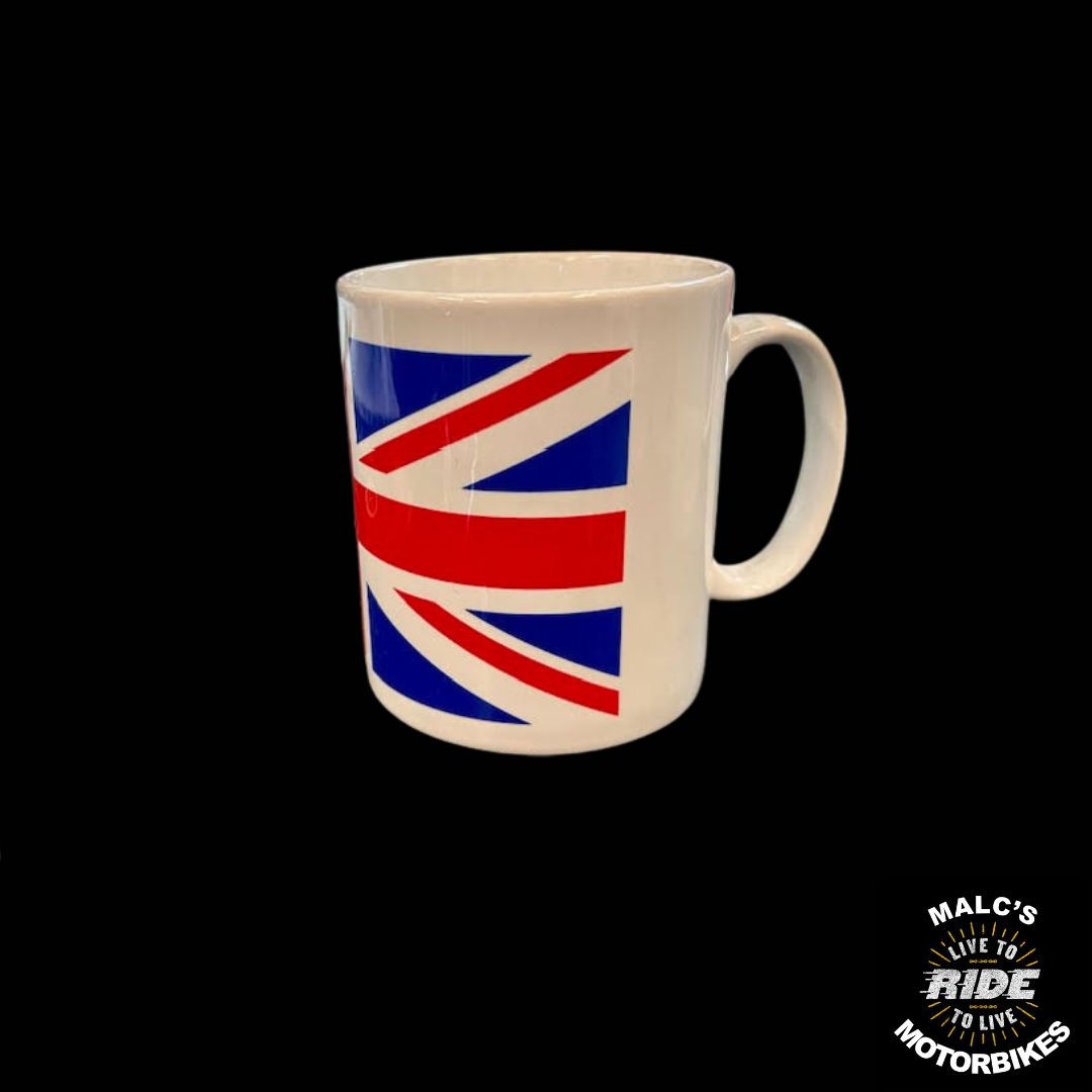 White mug with Union Jack flag design, Malc's Ride, motorcycle spares.