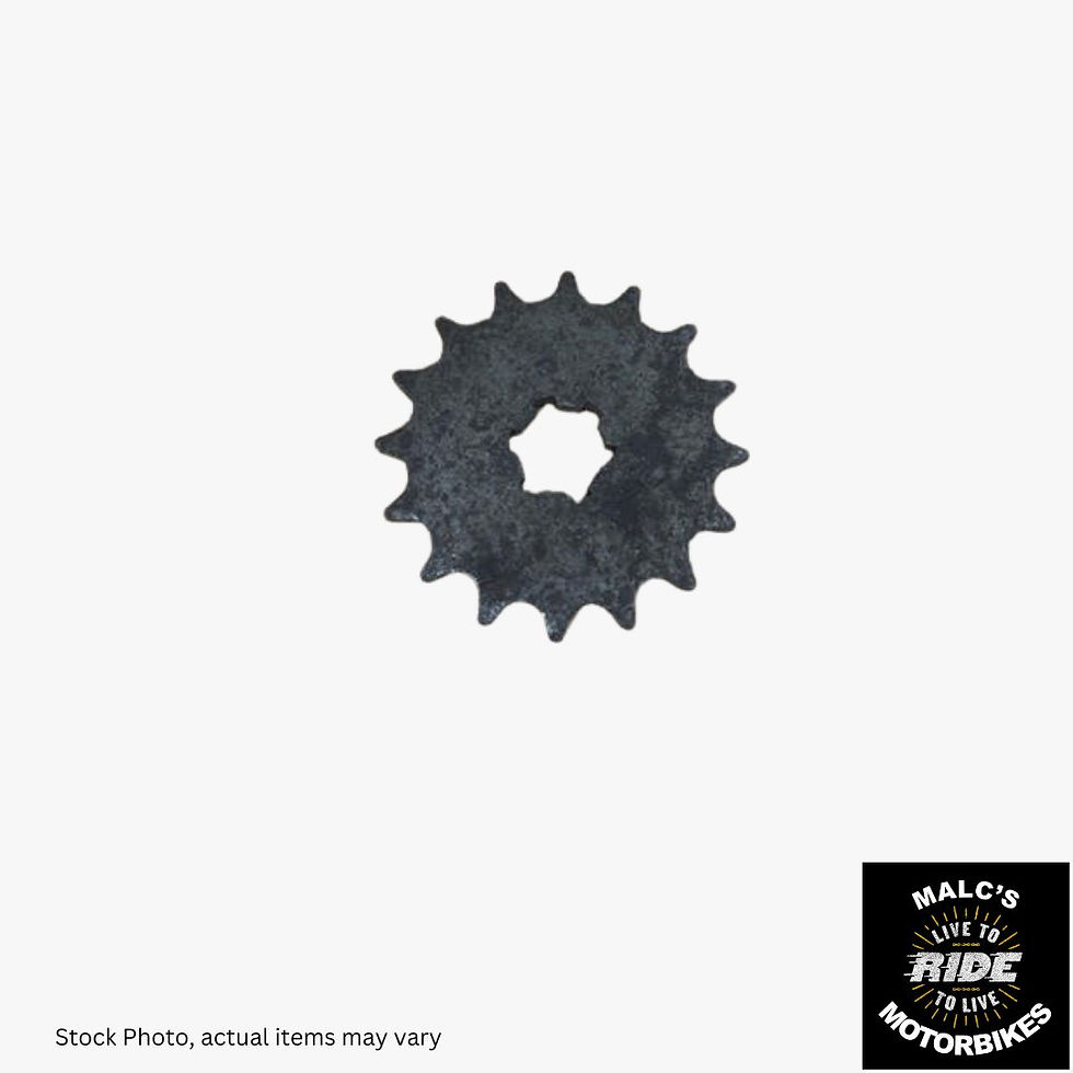 Black motorcycle sprocket, Malc's Ride with Motorbike Spares text, actual item may vary