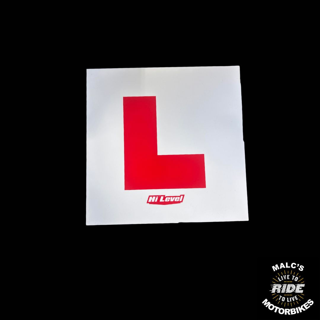 Red L sign on a white background, Malc's Ride, Malcsmotorbikespares logo.