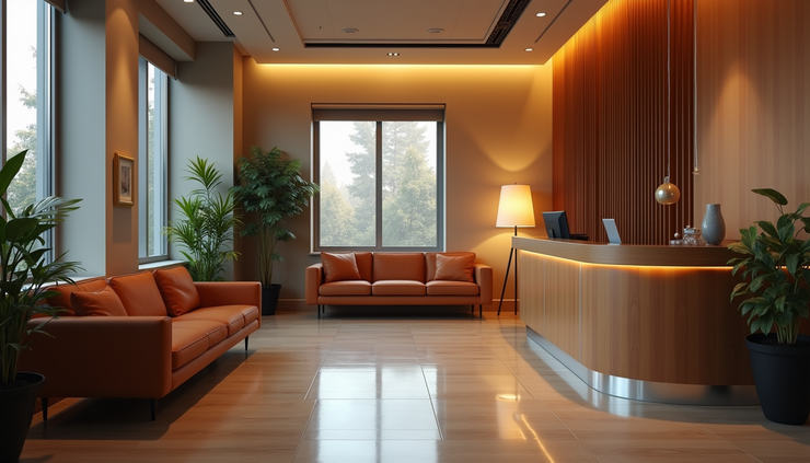 Eye-level view of a law office reception area with a welcoming atmosphere