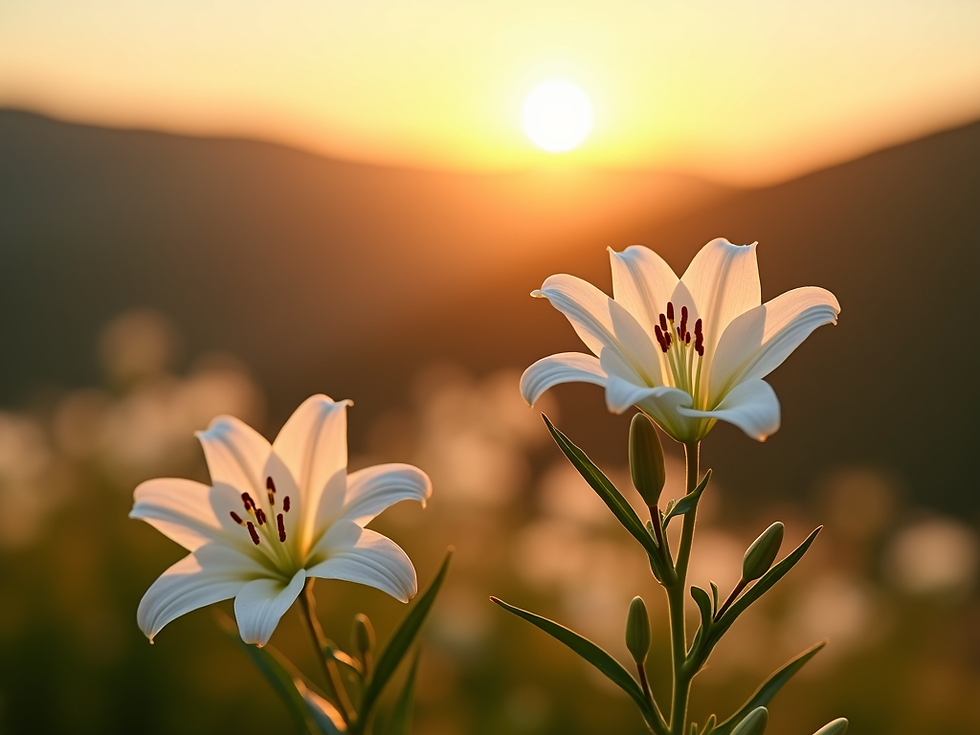serene sunrise casting golden glow over rolling hills blooming white lilies.png