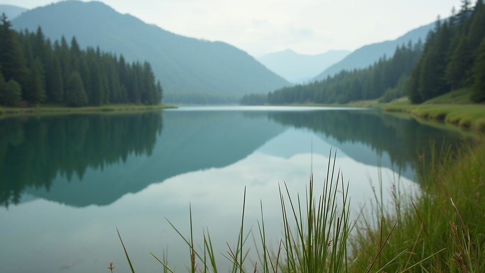 Close-up view of a serene nature scene with a calm lake