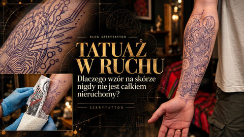 Odbita kalka technicznego projektu tatuażu na prawym przedramieniu, pokazana w kontekście dopasowywania wzoru do anatomii i ruchu ciała.