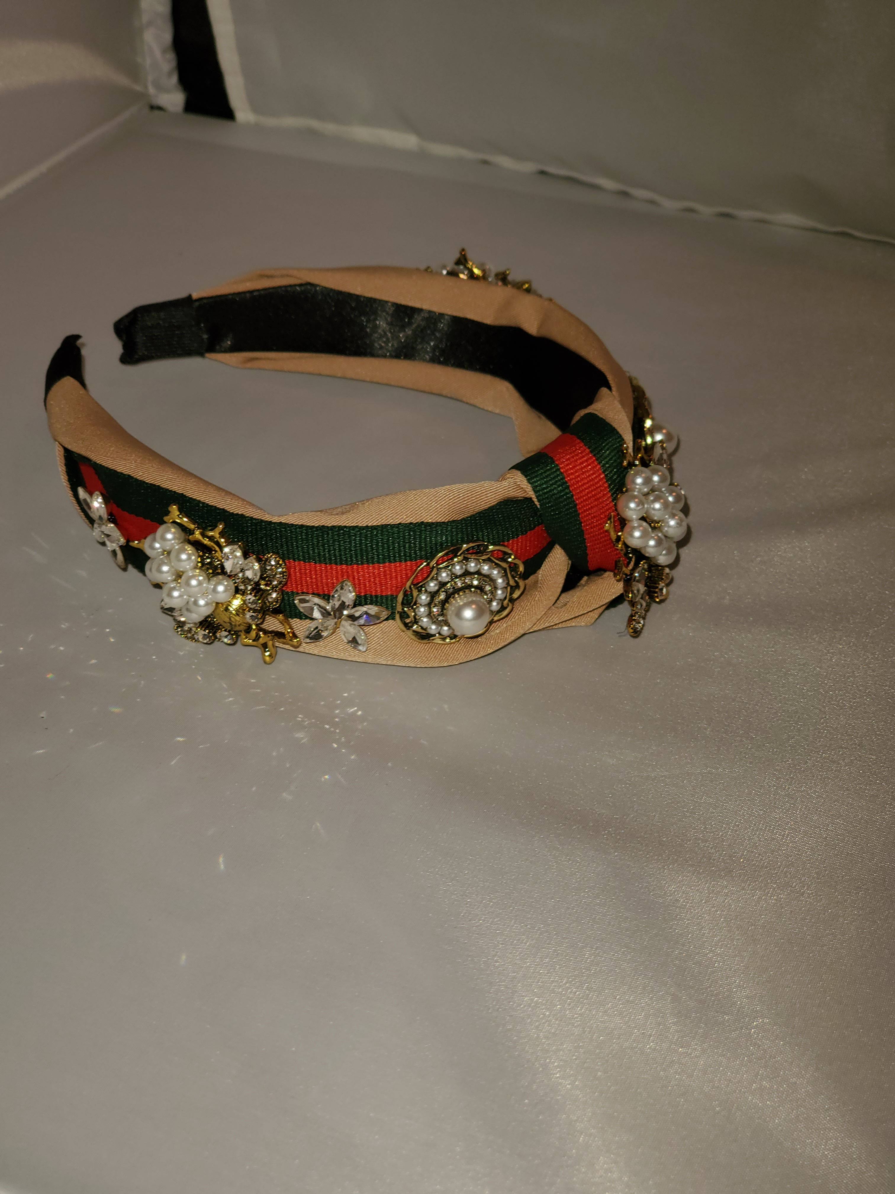 Beige Bumble Bee Floral and Pearl Headband