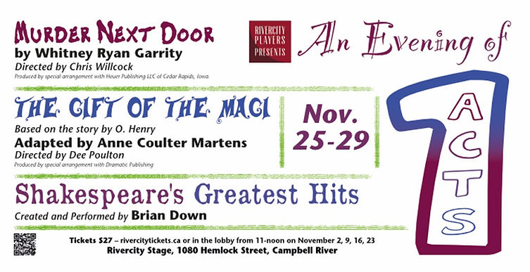 Play Poster for an Evening of Acts, showing on the Rivercity Stage November 25-29