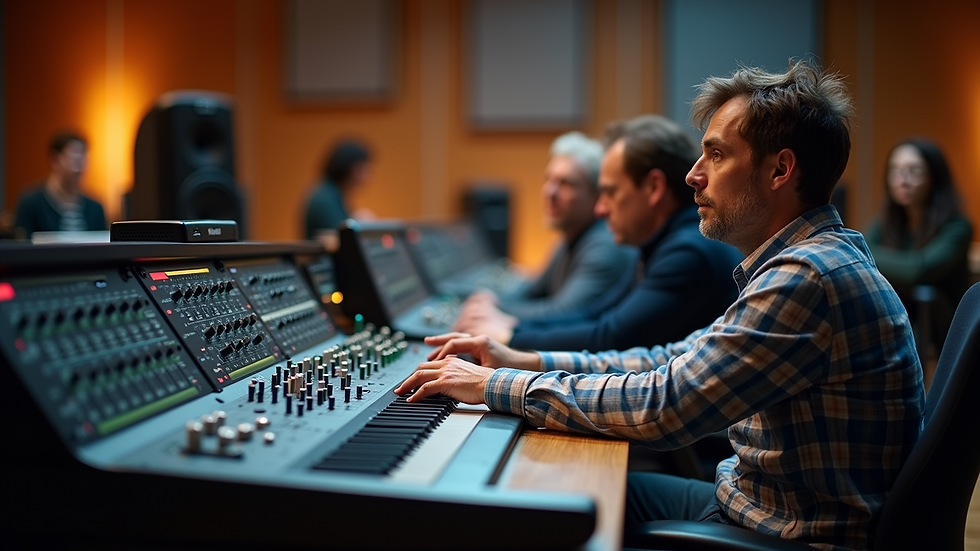 Wide angle view of an audio engineering class in session