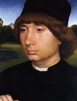 Portrait of a Young Man by Hans Memling: a young man in a black cap and dark coat before a green landscape.
