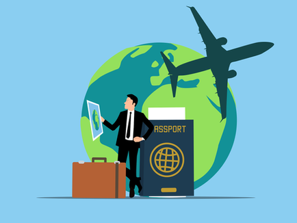 A flat-style illustration featuring a man in a black suit standing in front of a large green and blue globe. He holds a map and leans against a giant passport and a brown suitcase. A large silhouette of a commercial airplane flies across the globe in the background.