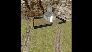 Kostel s přístupovou cestou v Myrtaně.net, obklopený skalami, hra Gothic 2.