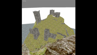 Zřícenina hradu na zeleném kopci, moře v pozadí, Myrtana.net.