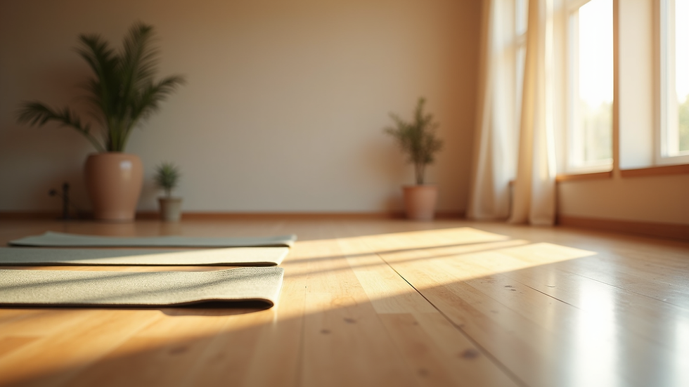 Close-up view of a serene yoga studio with mats and soft natural light