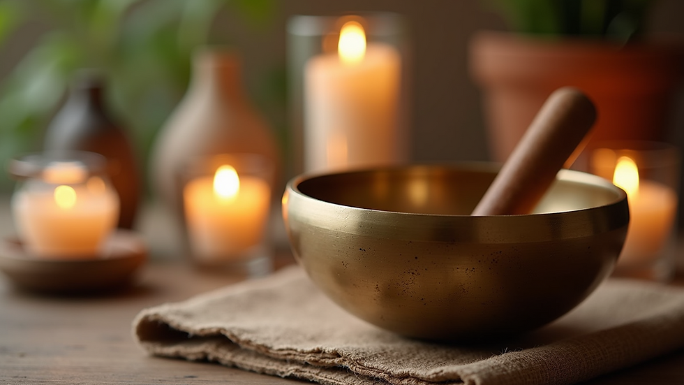 Close-up view of a singing bowl used in sound therapy