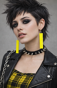 Model wearing large yellow bamboo statement earrings hand painted lightweight design