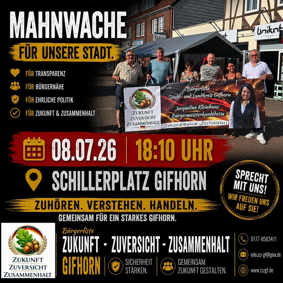 Mahnwache 08.07.26 ab 18.10 Uhr am Schillerplatz der Bürgerliste ZZZ GF/ LK GF