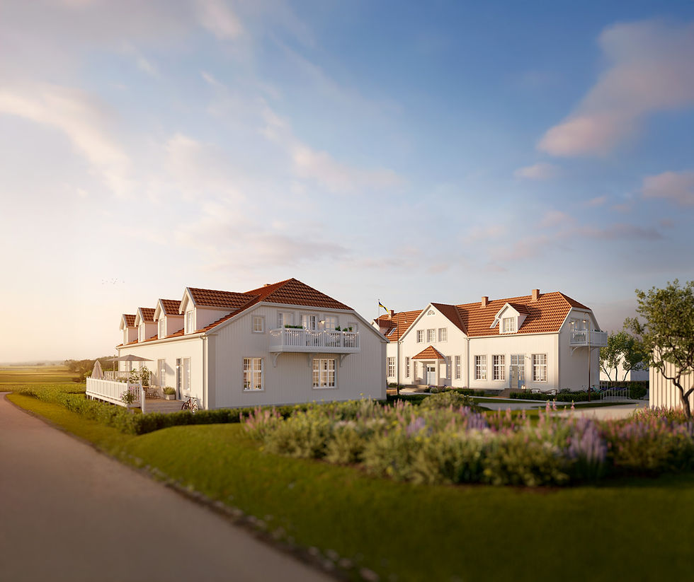 Vackra vita hus med röda tak, CoForma Bostad i solljus, Bo i bostadsrätt.