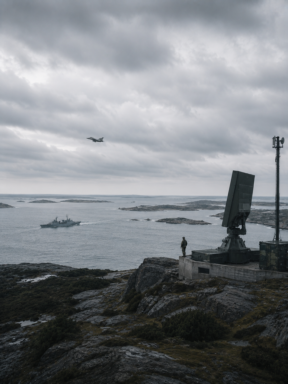 Militär radar och fartyg i skärgården under molnig himmel