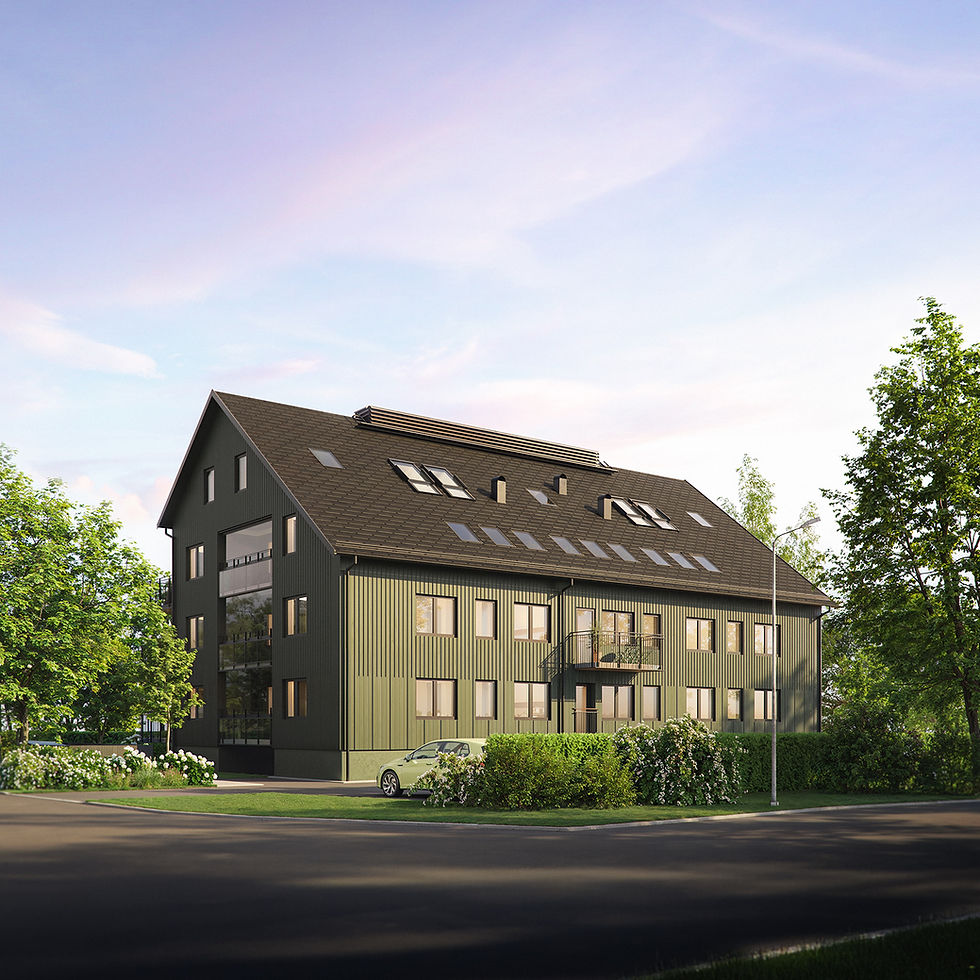 Flerfamiljshus med gröna väggar. Byggnadens namn syns ej. CoForma Bostad i bostadsområde.