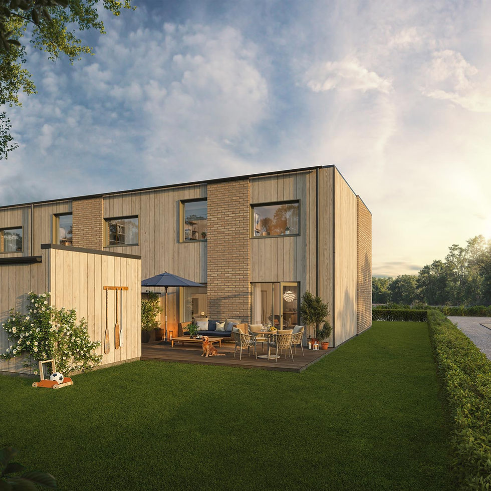 Modern townhouse exterior, with windows, patio and lawn. CoForma Bostad under a blue sky.