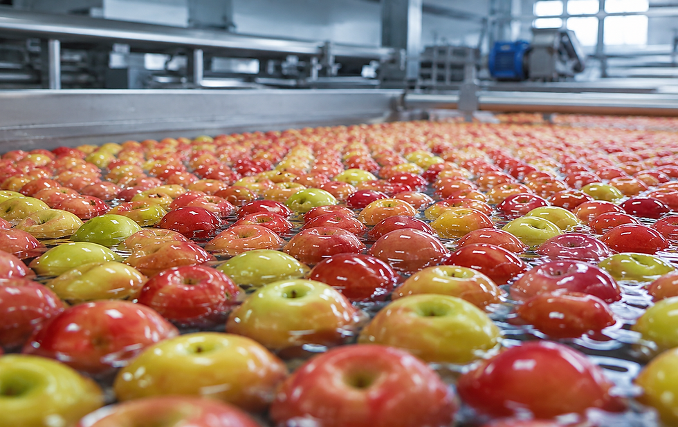 Fresh apples being washed in a food processing facility