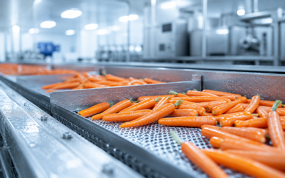 Carrots on a conveyor belt in a food processing facility