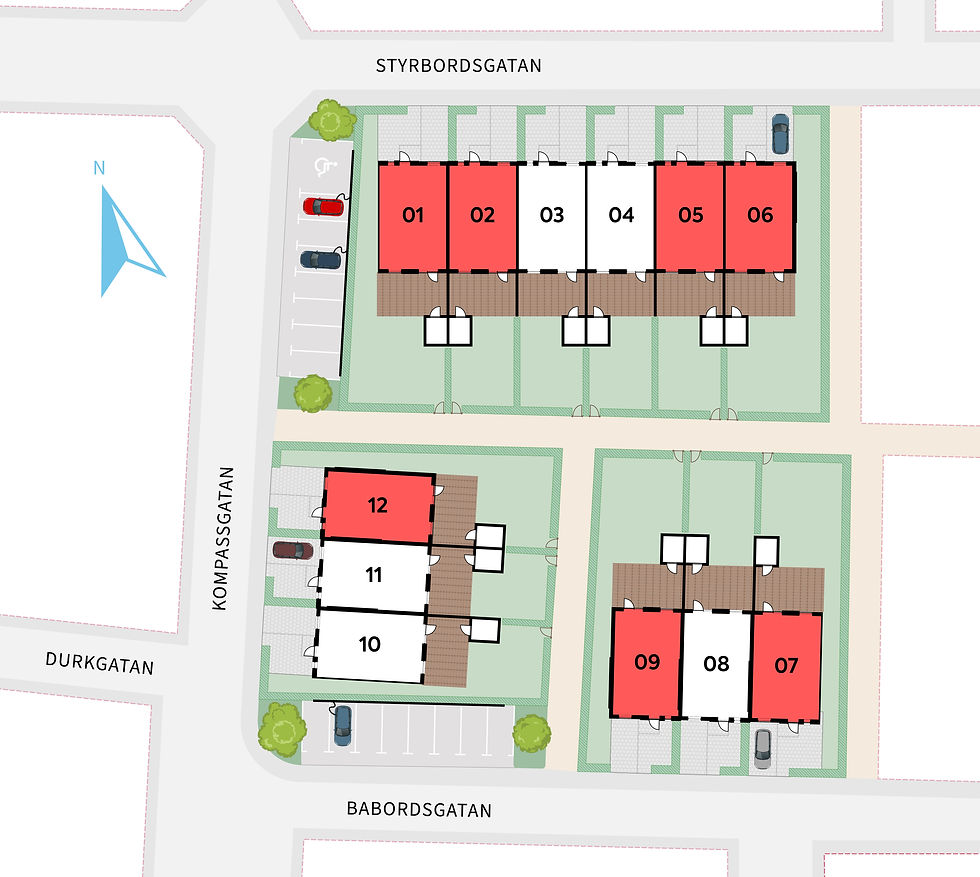 Planritning med husnummer: 05, 06, 02, 03, 04, 12, 11, 10, 09, 08, 07. Gata i bakgrunden.