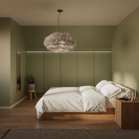 Mysigt sovrum med ljusgrön vägg och fluffig lampa