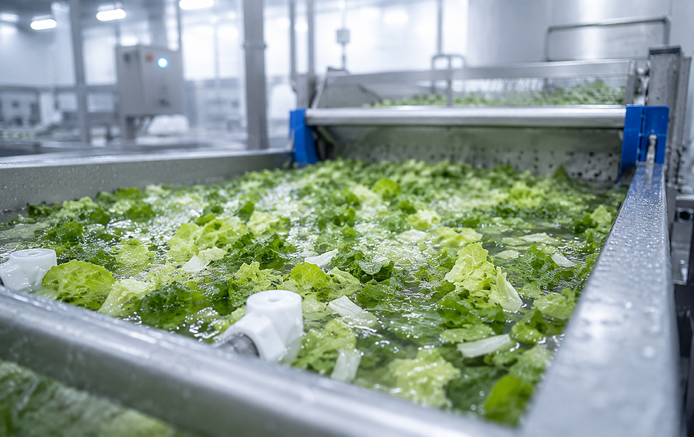 Industrial food processing machine washing leafy greens