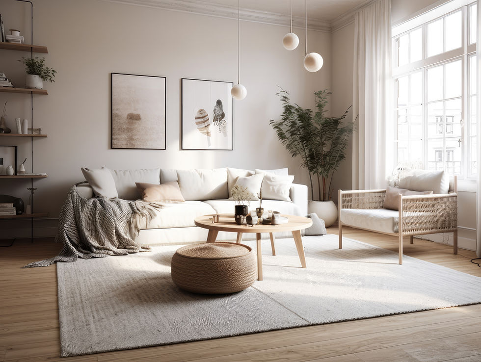 Vackert ljust vardagsrum i en modern skandinavisk stil