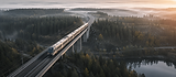 Tåg på järnväg över bro i dimmigt skogslandskap