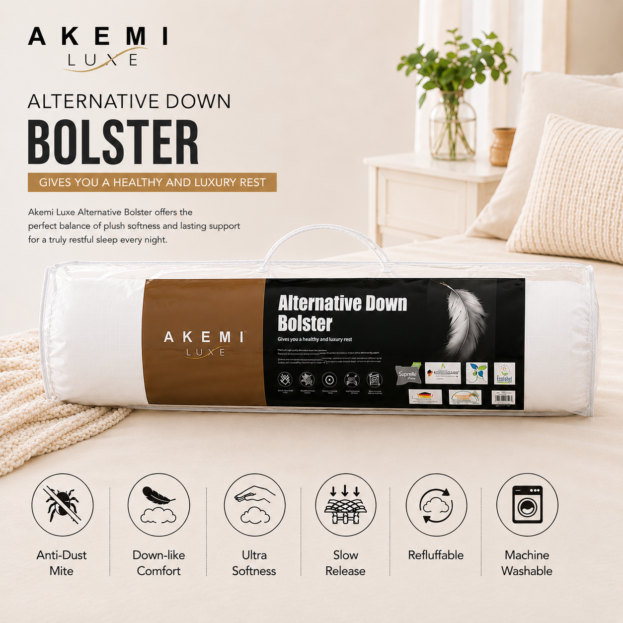 AKEMI Luxe Alternative Down Bolster