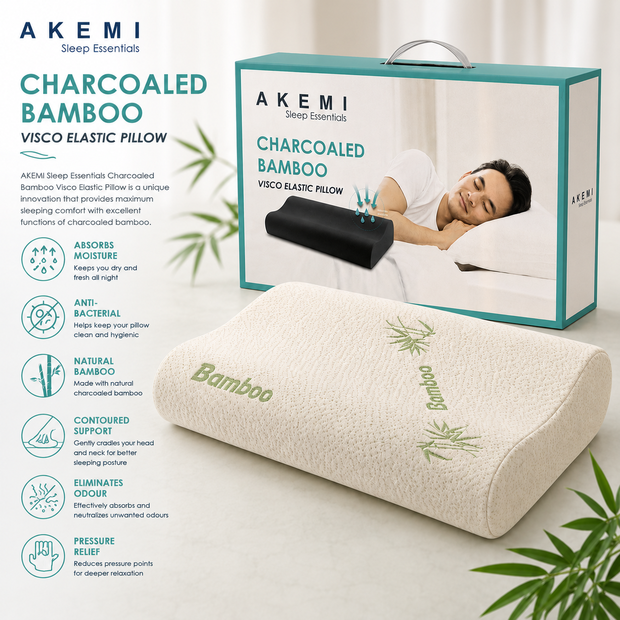 AKEMI Sleep Essentials Charcoal Bamboo Visco Elastic Pillow