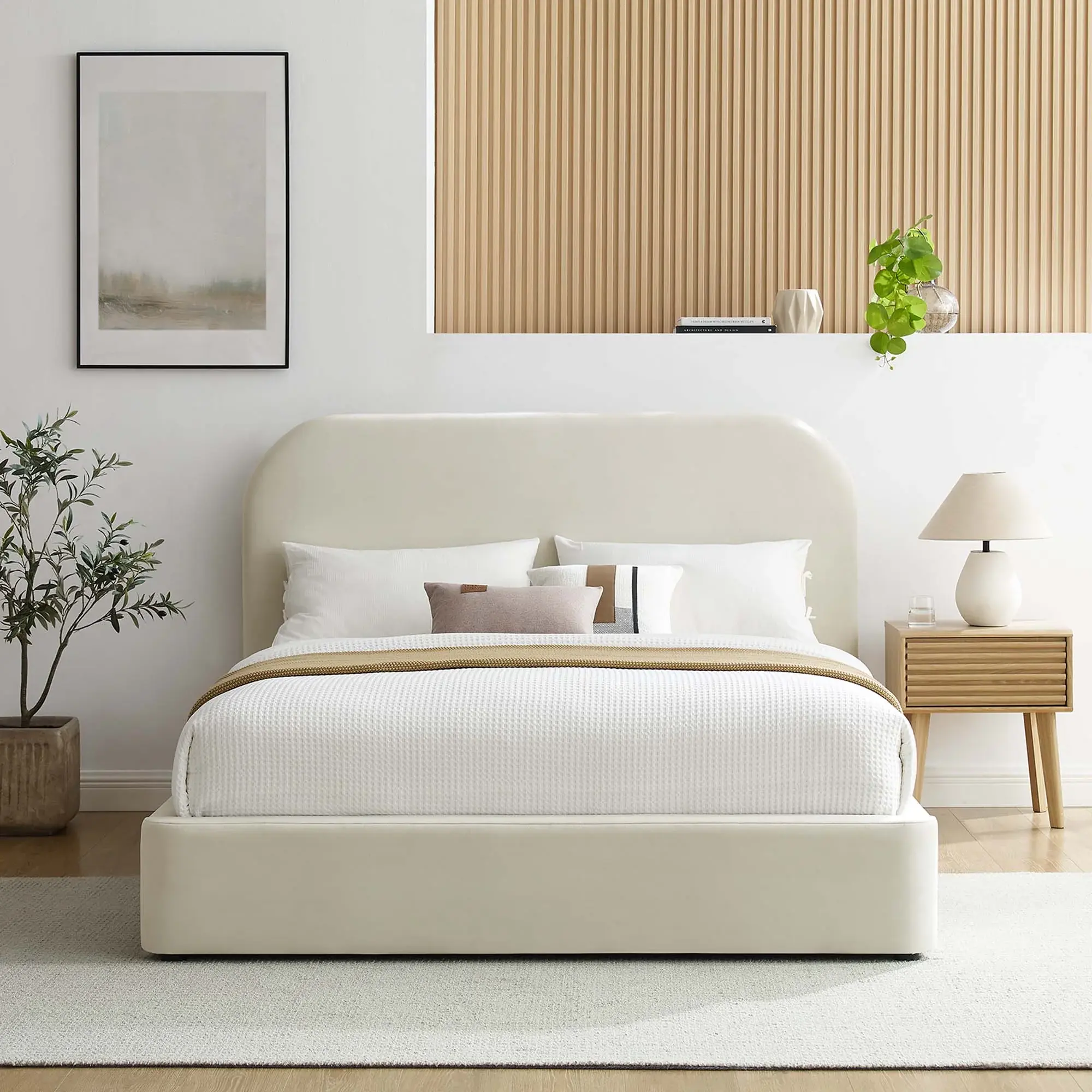 Keynote Performance Velvet Curved Platform Bed – Alabaster