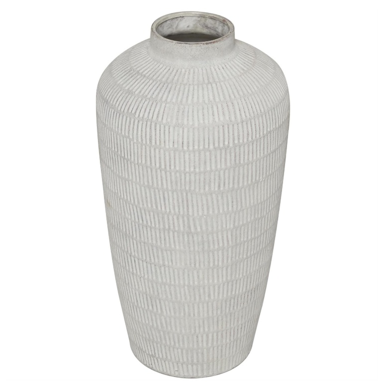 Cream Ceramic Textured Decorative Vase with Linear Pattern