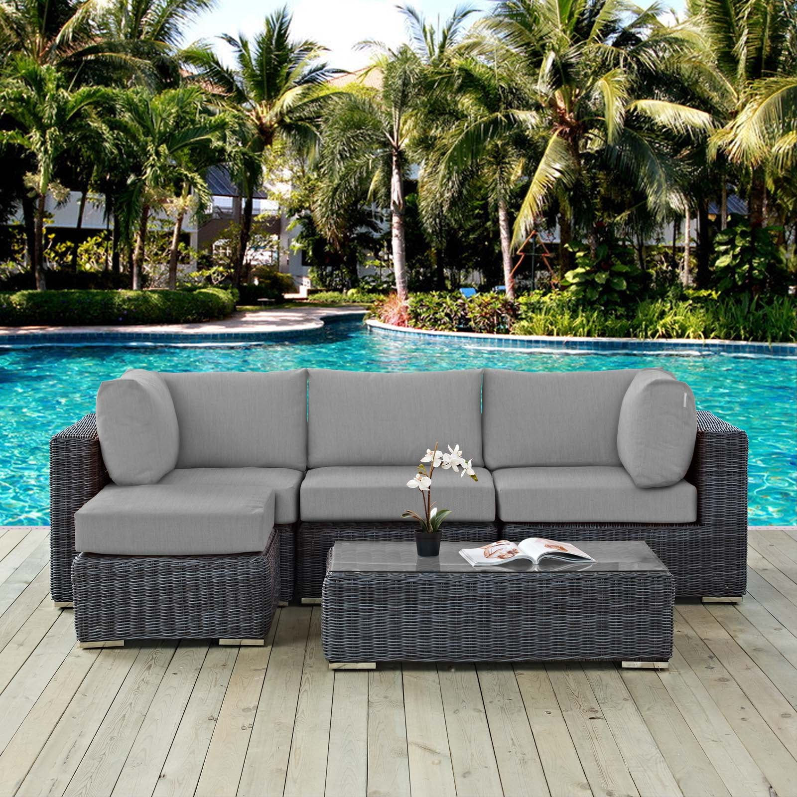 Summon 5 Piece Outdoor Patio Sunbrella® Sectional Set in Canvas Gray