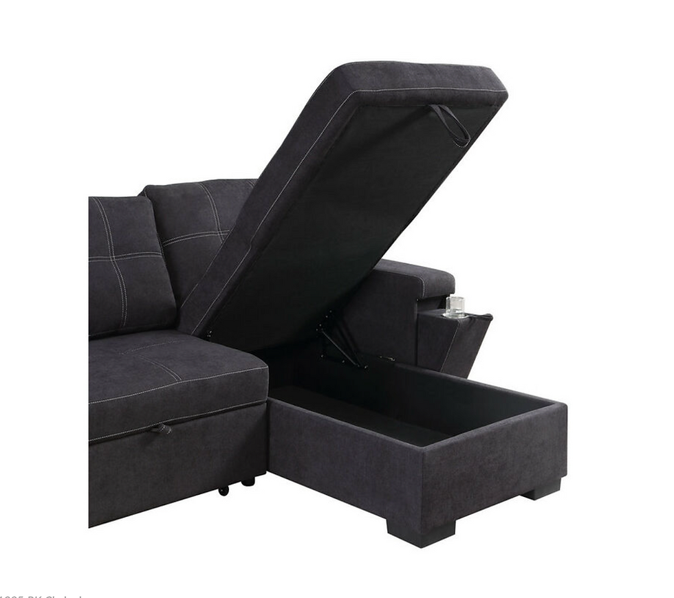 Miniatura: Toby 95"W Black Woven Fabric Reversible Sleeper Sectional Sofa with Storage Chai