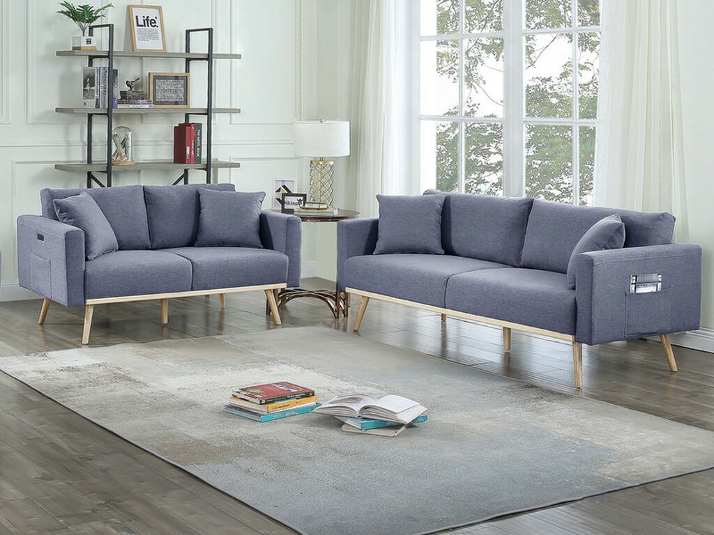 Easton Dark Gray Linen Fabric Sofa Loveseat Living Room Set