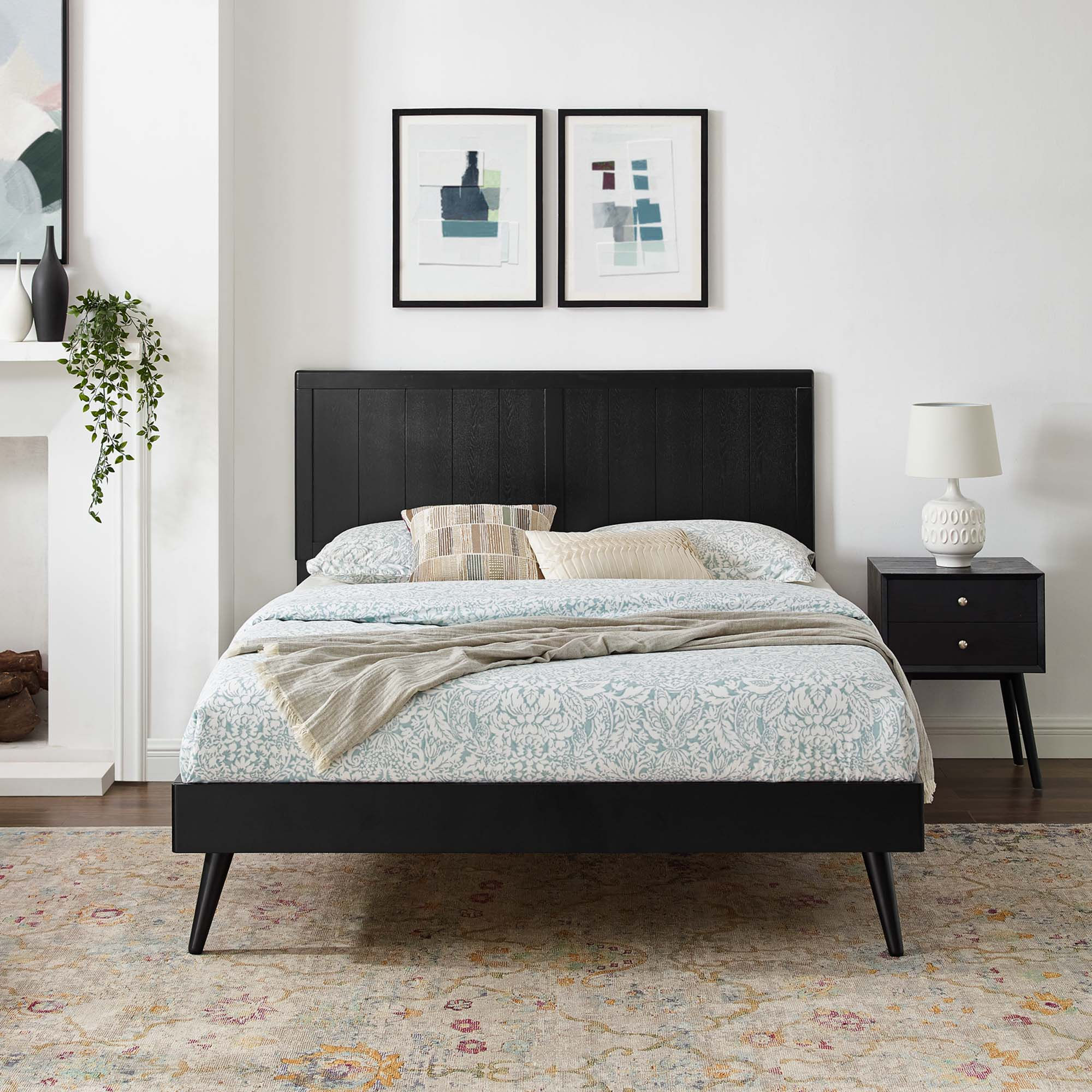 Alana Wood Platform Bed with Splayed Legs – Black