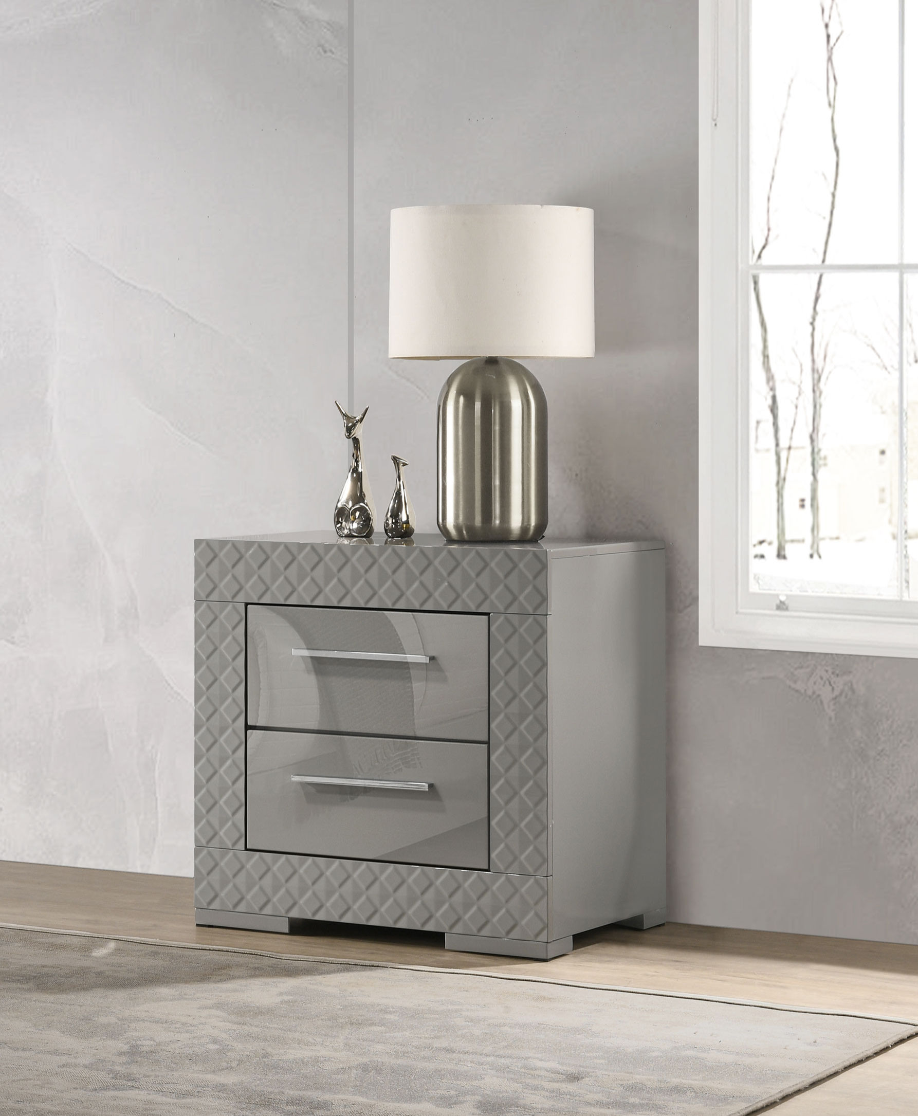Ives 2-Drawer Nightstand – Grey High Gloss
