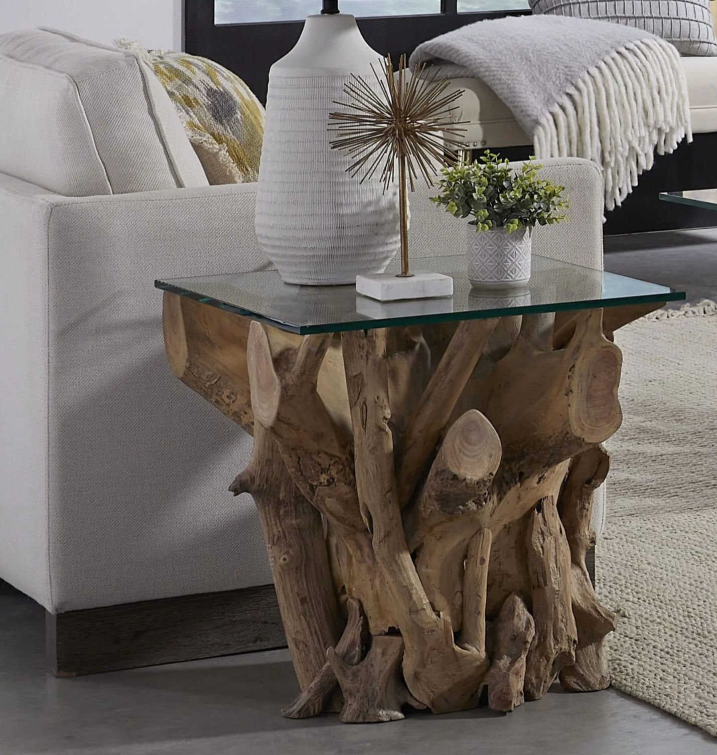 One Solid Teak Root Glass Top End Table