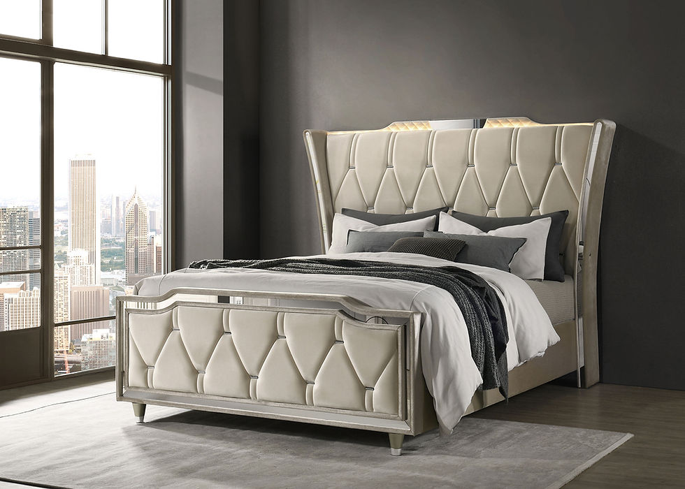 Miniatura: Lorient LED Upholstered Wingback Bed – Ivory & Camel