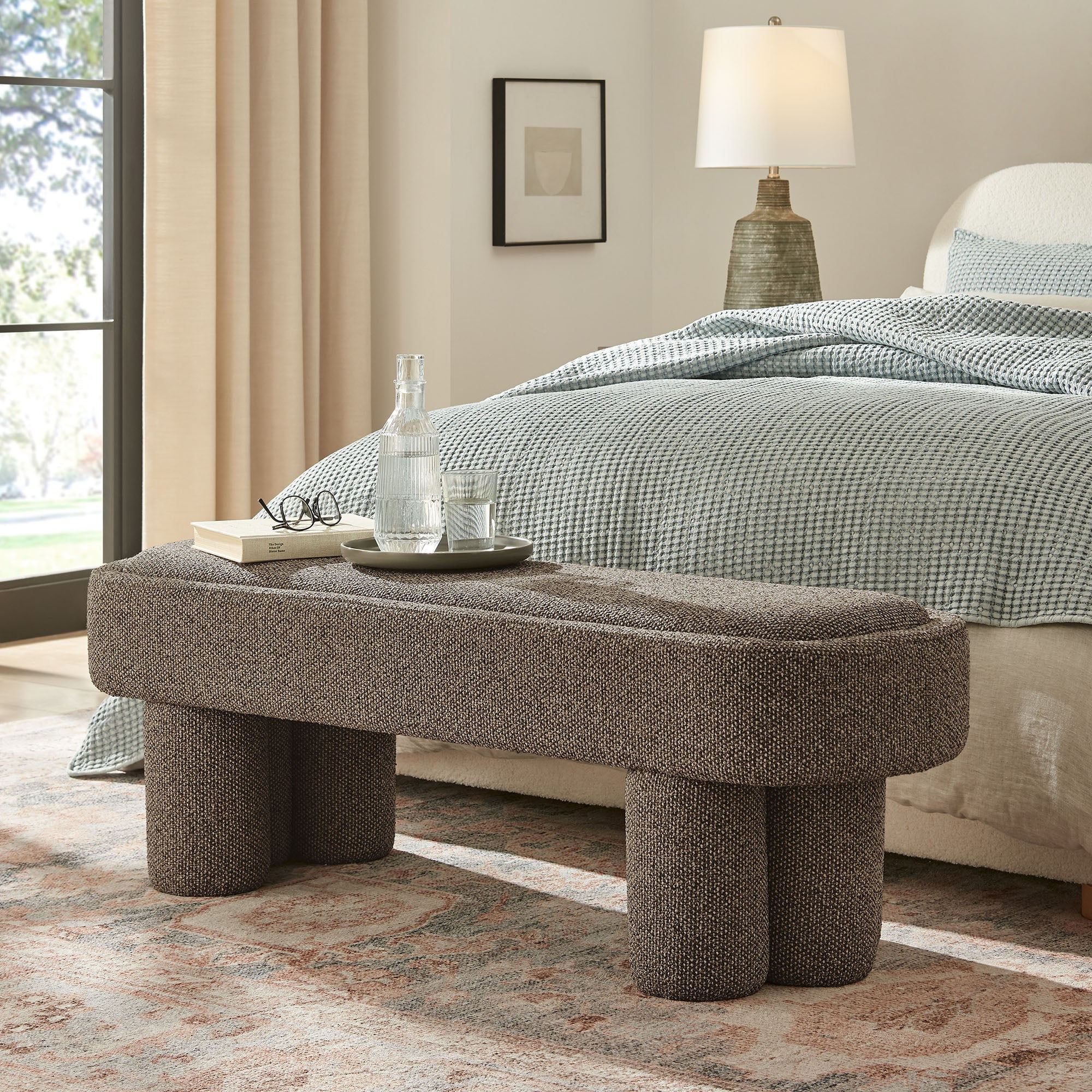 Mossi 52-Inch Oval Boucle Fabric Bench in Earth