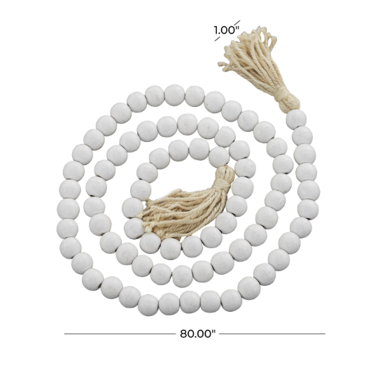 Miniatura: White Mango Wood Handmade Round Long Carved Beaded Garland with Tassel