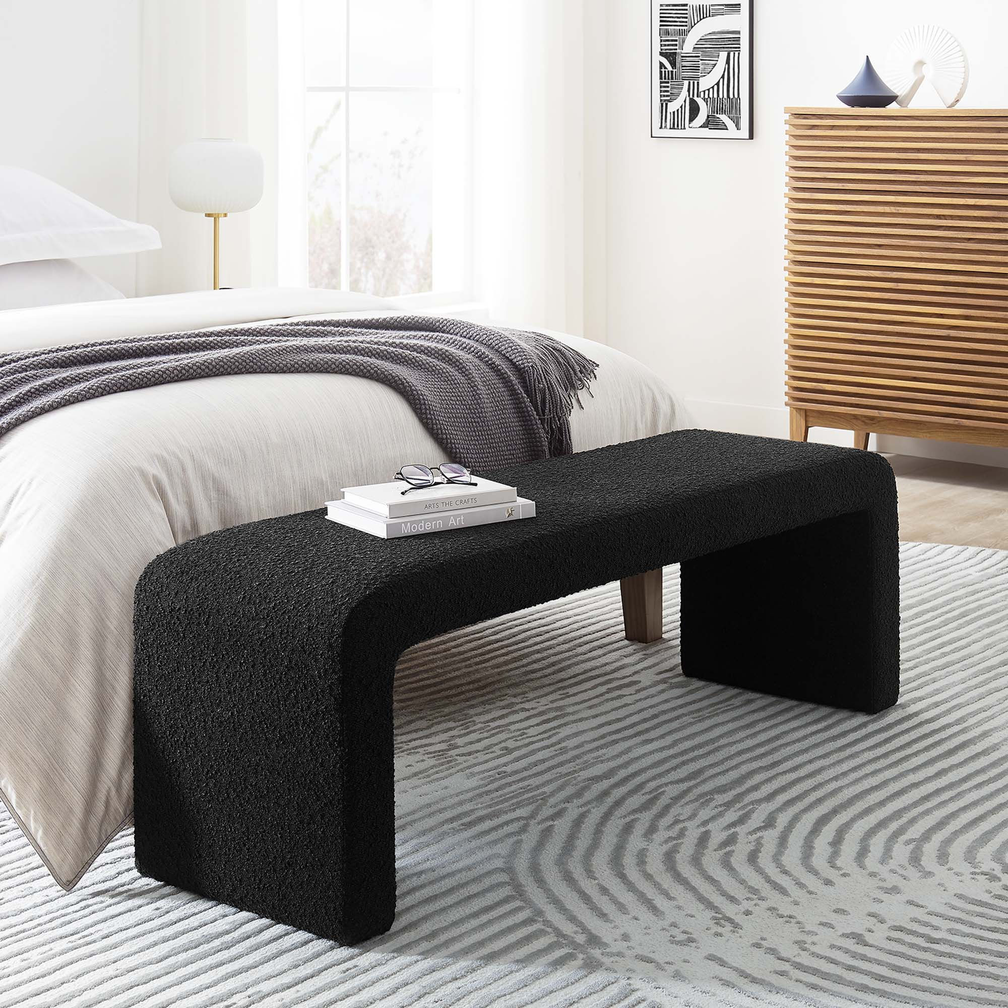 Simba Boucle Fabric Waterfall Long Bench in Black
